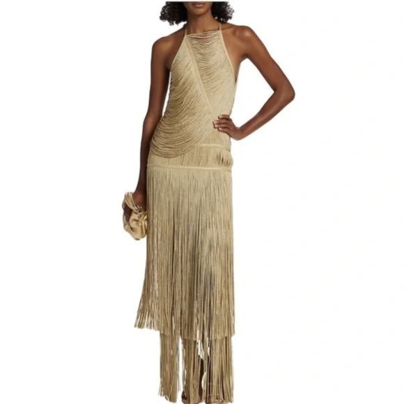 HERVE LÉGER Metallic Draped Fringe Sleeveless Gown - Picture 1 of 8